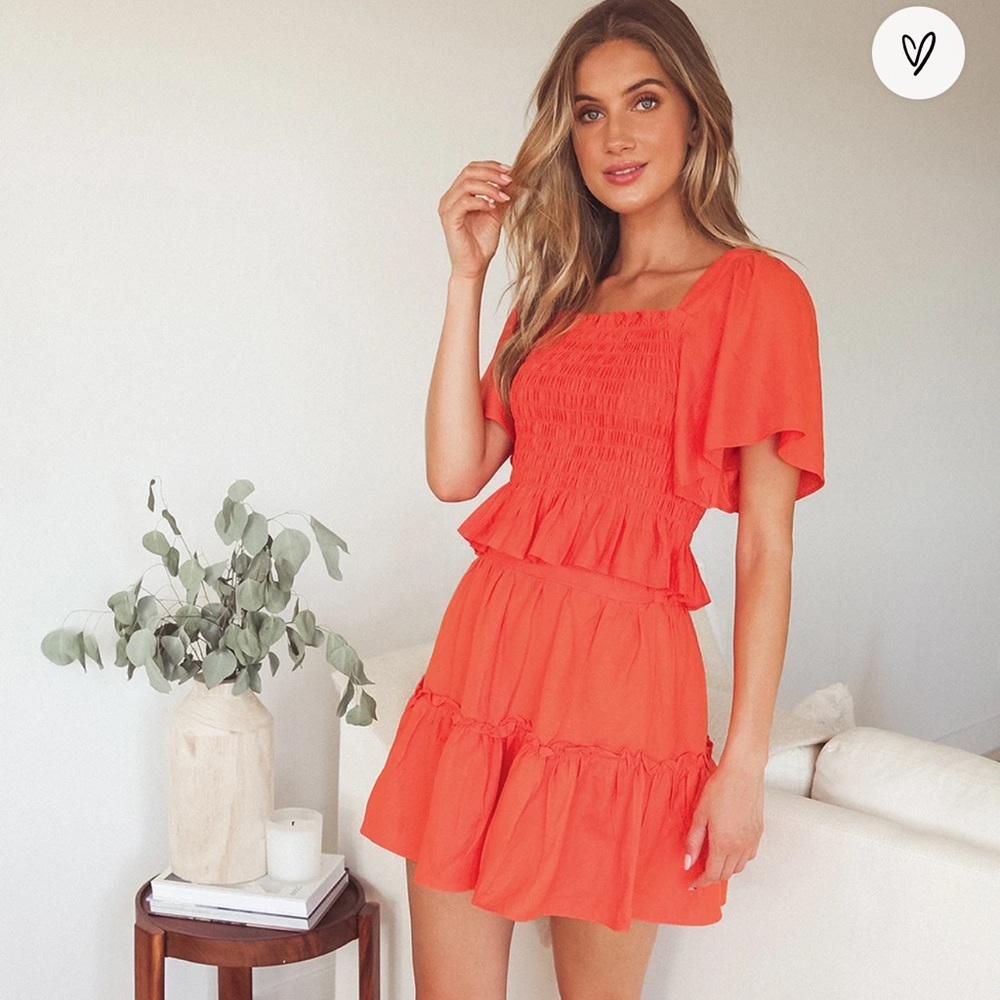NWT Lulu’s orange smocked linen blend two piece flutter sleeve top and skirt